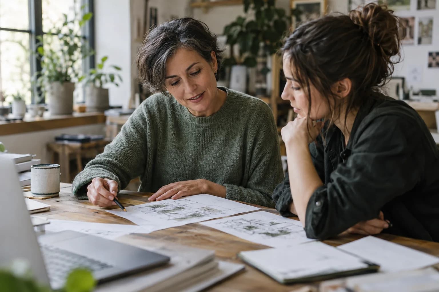 An experienced professional and a colleague discussing sketches across a studio table.