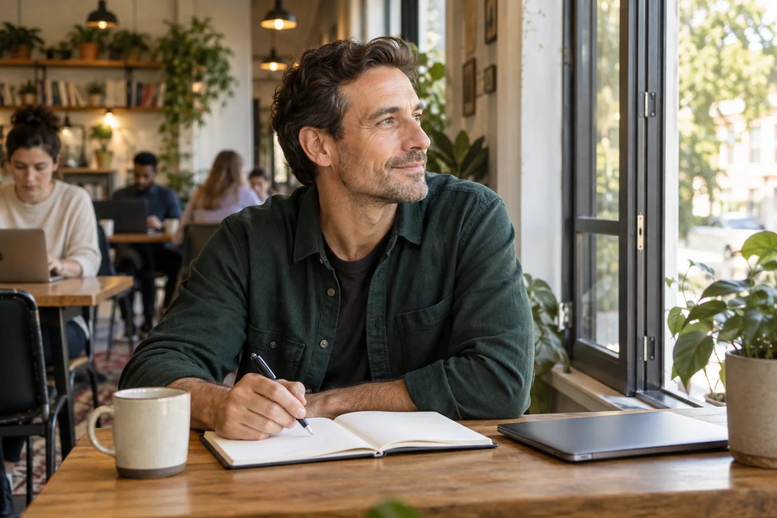 A professional taking a thoughtful pause beside a notebook in a bright workspace.